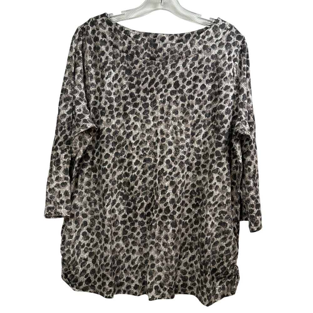 Coldwater Creek Leopard Print Boat Neck Ruched Side Top XL Gray Black 3/4 Sleeve
